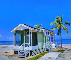 tiny home on the beach with a palm tree and a short walk to the bright blue ocean