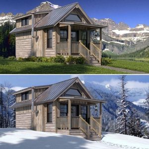 Tiny home picture in the spring with green grass and melting snow on the mountains on top, same house in wintertime with snow covering the yard and mountains behind