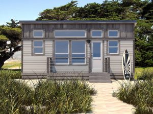 Tiny home on the beach surrounded by sand and trees